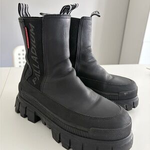 Palladium Black Platform Chelsea Boots with Red Tab